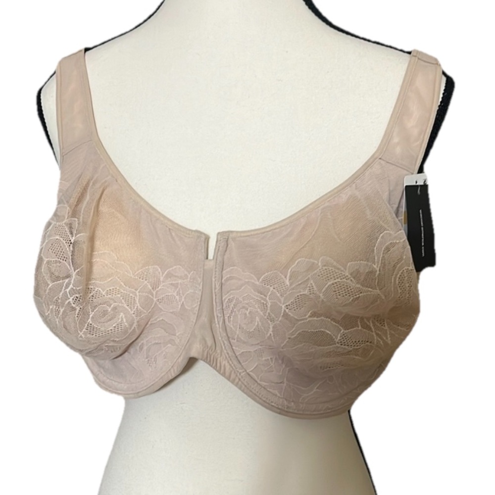 Wacoal Bra Sz 44DD Elegant Lace Overlay Underwire Tan Cream Semi Sheer Mesh